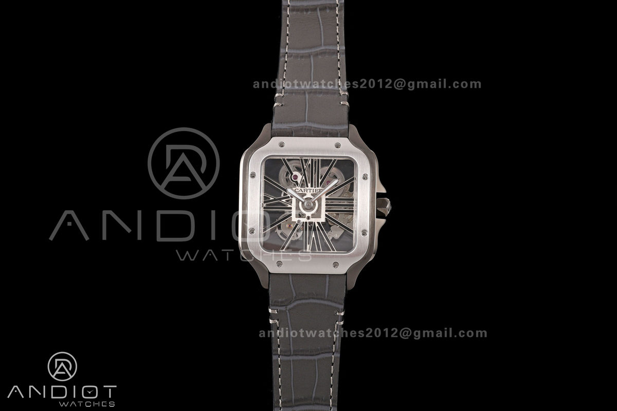 Santos Skeleton SS/PVD RICH 1:1 Best Edition Skeleton Dial on Gray Leather Strap 9611MC Super Clone V2